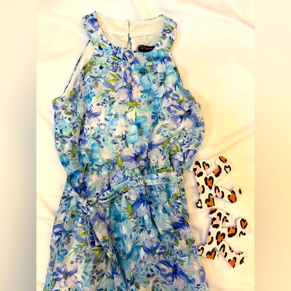 Floral Blue and Green Dress Belted with White Slip